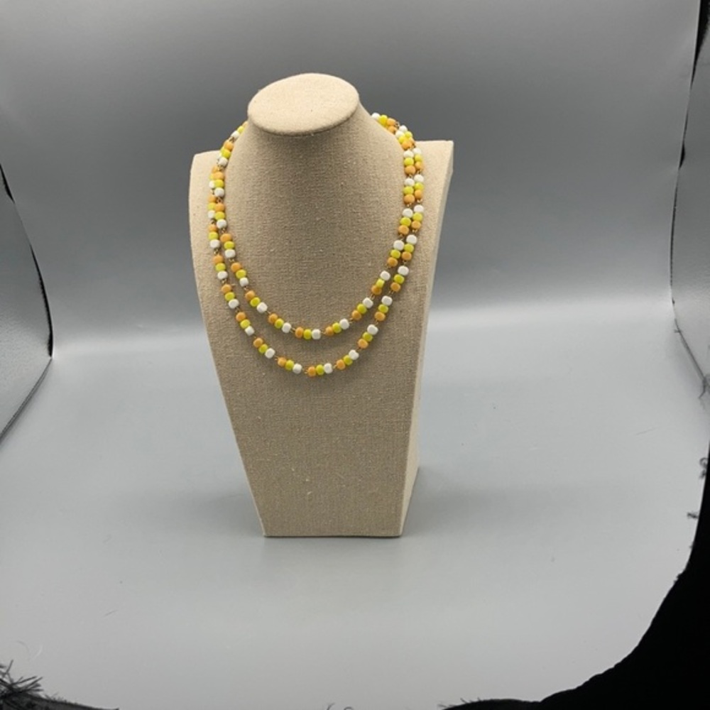 Glass bead necklace Yellow white and gold